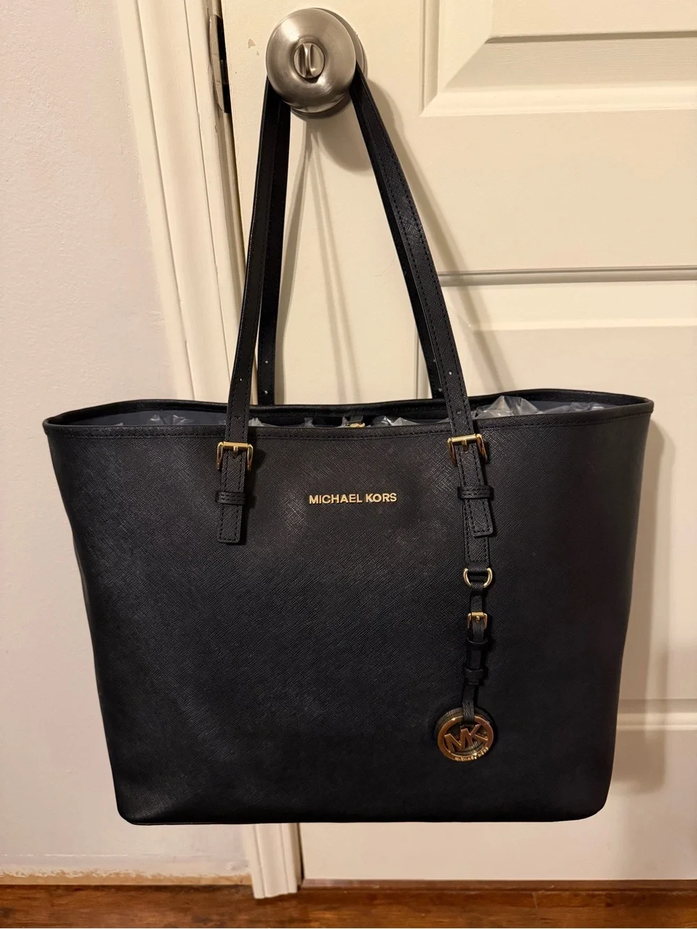 Michael Kors Black Jet Set Saffiano Leather Tote with Gold Hardware
